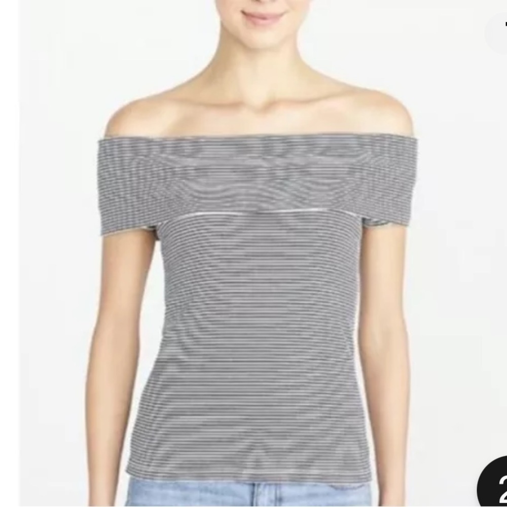 J CREW Navy Stripe Off the Shoulder Cotton Shirt Sz Med